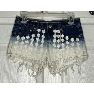 Karma Blue Girls Denim Shorts 28" W Daisy Raw Hem  Distressed